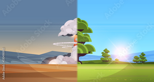 nuclear explosion rising fireball of atomic mushroom cloud and green tree apocalipce detonation dangerous destruction stop war photo