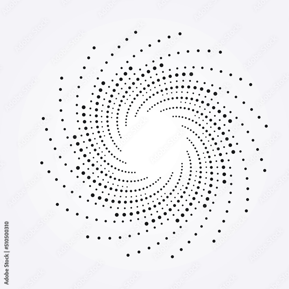 Abstract circle halftone spiral background. Dotted concentric circle. Spiral, swirl, twirl vector element. Circular and radial dots helix background. Halftone design element. Fabric design.