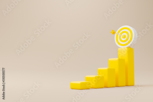 Aiming dart board and arrow on graph bar step staircase. Business achievement goal and objective target concept. 3d render illustration photo