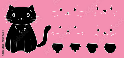 Cute line black cat with shirtfront set. A collection of different muzzles set for a kitten. Childrens picture isolated on pink background. Little pet kit faces with a mustache. Vector illustration
