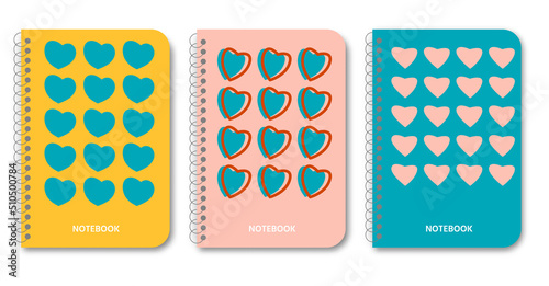 Modern contemporary covers with shadow set. For books design, brochures, notebooks, planners and catalogs. Hearts with line unusual shapes in different colors. Vector illustration.