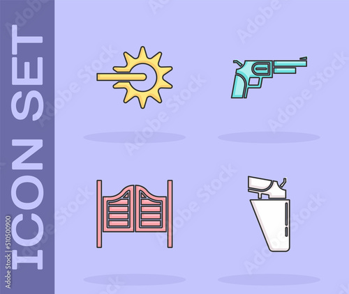 Set Revolver gun in holster, Spur, Saloon door and icon. Vector