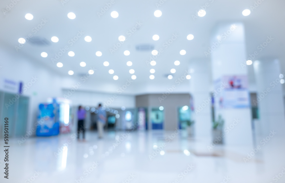 Abstract Blurred image of the corridor in luxury hospital or clinic interior design background.