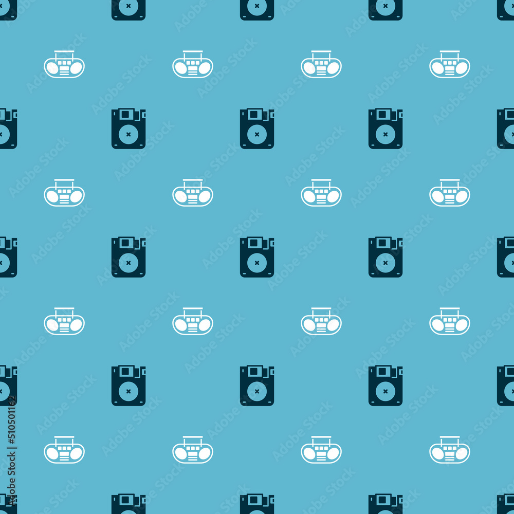 Set Floppy disk and Home stereo with two speakers on seamless pattern. Vector Set Floppy disk and Home stereo with two speakers on seamless pattern. Vector