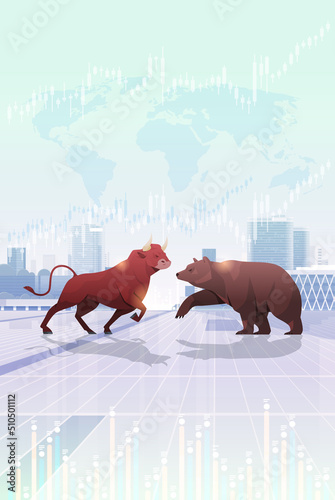 angry fighting bull and bear in attacking pose dangerous mammal animals market trend stock exchange trading