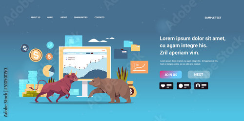bull and bear in attacking pose dangerous mammal animals market trend stock exchange trading concept