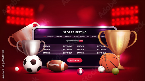Online casino, red banner with smartphone, champion cups and sport balls in red scene