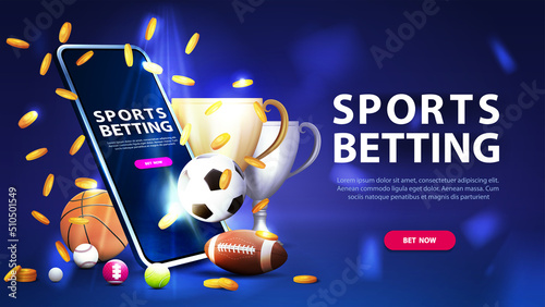 Sports betting, blue banner for website with button, smartphone, champion cups, falling gold coins and sport balls