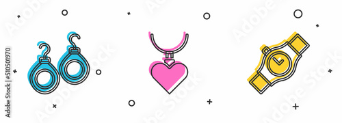 Set Earrings, Necklace with heart shaped pendant and Wrist watch icon. Vector