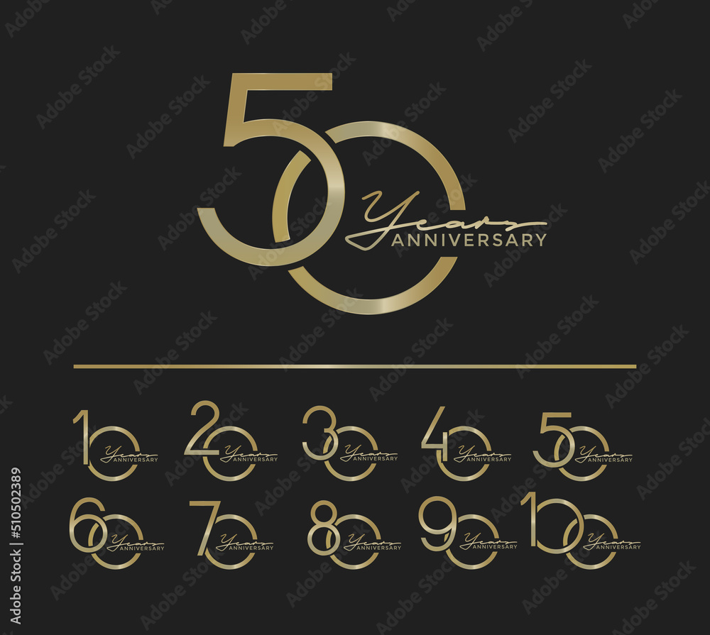 set of anniversary with calligraphy gold color on black background for ...
