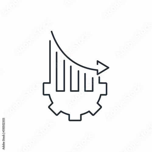 Gear and graph down. Technology of reduction,decline. Vector linear icon isolated on white background.