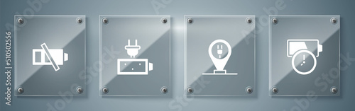 Set Battery charge  Charging parking electric car  and Low battery. Square glass panels. Vector