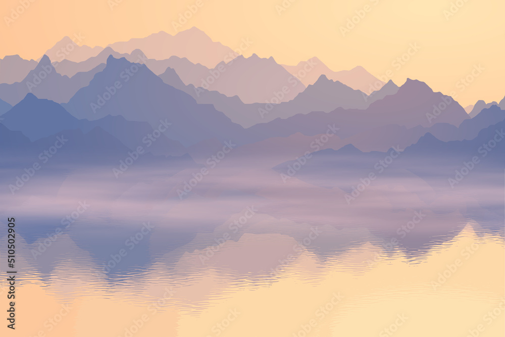 Dawn on the lake, mountain peaks, picturesque reflection