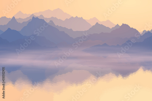 Dawn on the lake, mountain peaks, picturesque reflection
