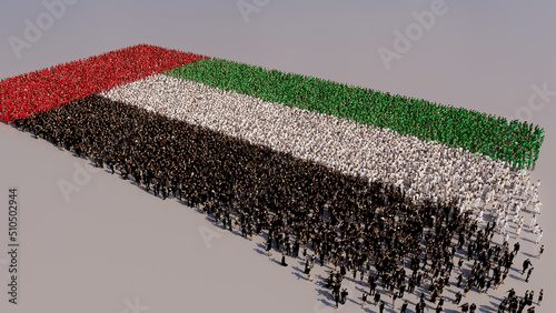 Aerial view of a Crowd of People, congregating to form the Flag of United Arab Emirates. Emirati Banner on White Background. photo