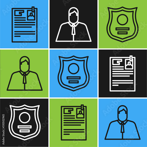 Set line Lawsuit paper, Police badge and Lawyer, attorney, jurist icon. Vector