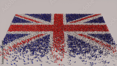 Aerial view of a Crowd of People, congregating to form the Flag of United Kingdom. British Banner on White Background. photo