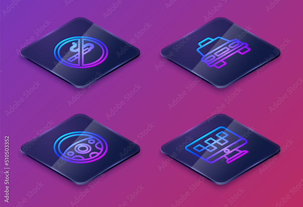 Set Isometric line No Smoking, Steering wheel, Taxi car and Computer call taxi service. Blue square button. Vector Set Isometric line No Smoking, Steering wheel, Taxi car and Computer call taxi service. Blue square button. Vector