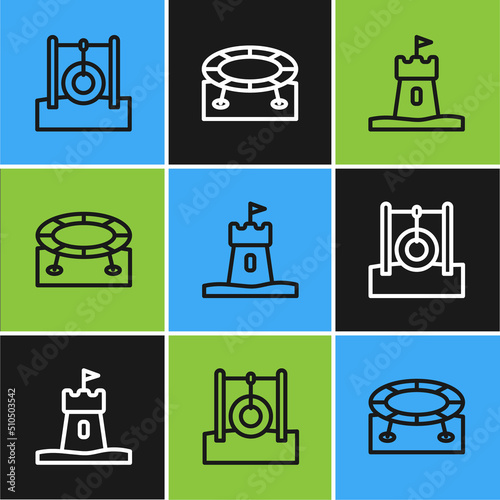 Set line Car tire hanging on rope, Sand tower and Jumping trampoline icon. Vector