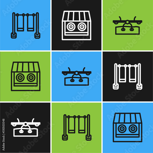 Set line Double swing, Seesaw and Shooting gallery icon. Vector