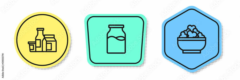 Set line Milk product, Bottle with milk and Cottage cheese. Colored shapes. Vector Set line Milk product, Bottle with milk and Cottage cheese. Colored shapes. Vector