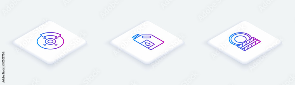 Set Isometric line Car brake disk with caliper, Canister for motor oil and tire wheel. White square button. Vector Set Isometric line Car brake disk with caliper, Canister for motor oil and tire wheel. White square button. Vector