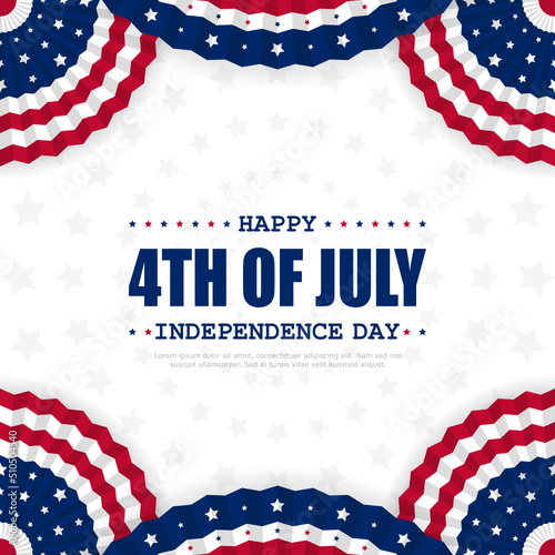 Happy 4th of July, independence day with patriotic bunting and star pattern on white background, vector template for banner, flyer, greeting card, poster.