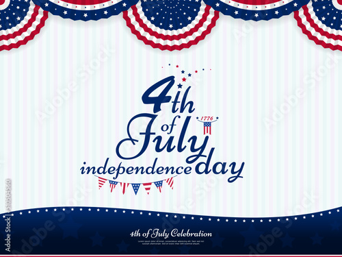 4th of July, independence day with pennant flag and patriotic bunting on soft color background, vector template for banner, flyer, greeting card, poster.
