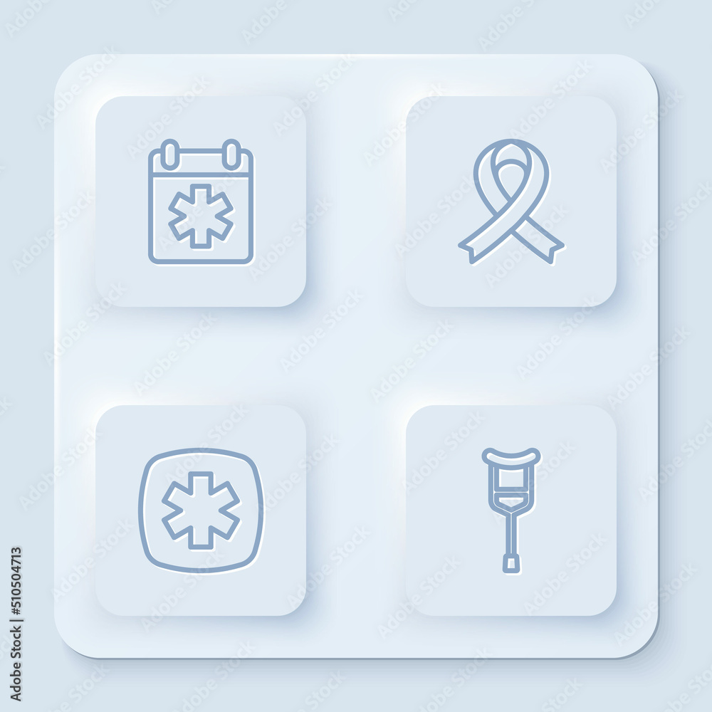 Set line Doctor appointment, Awareness ribbon, Emergency - Star of Life and Crutch crutches. White square button. Vector Set line Doctor appointment, Awareness ribbon, Emergency - Star of Life and Crutch crutches. White square button. Vector