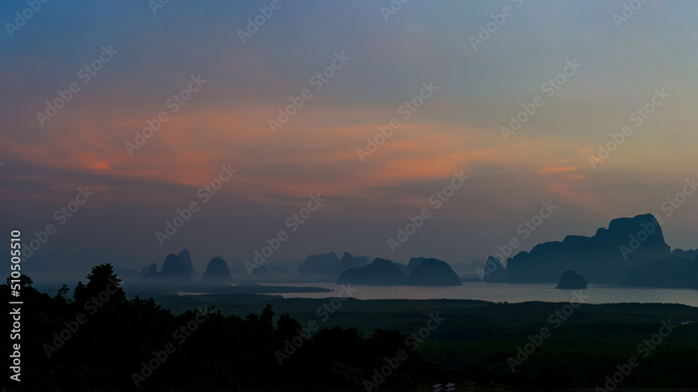 Panorama view of Samet Nangshe, Phang Nga, Thailand in the beautiful sky and clouds. The spectacular and natural beauty of mountains and islands in the Andaman Sea. Picture from above.