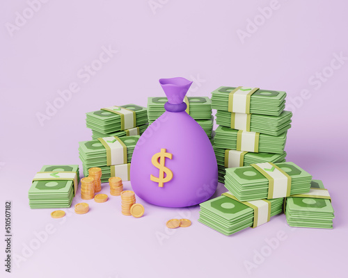 3d money concept. money bag, coins,stack and bundle of money
 photo