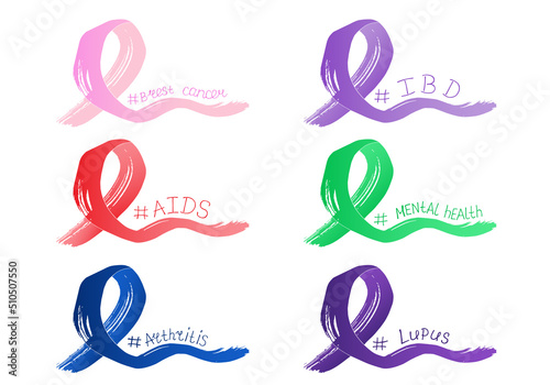 Colorful ribbons with text # Aids, Brest cancer, IBD, Arthritis, Lupus and Mental health. Awarenes concept for support people with serious diseases and solidarity. Hand drawn vector illustration. Set.