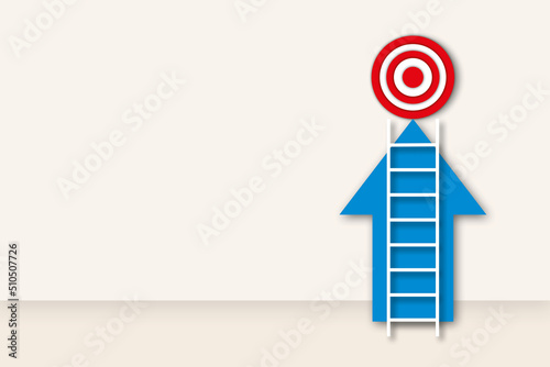 Ladder with arrow to the red target on white background as metaphor for business target or goal success and winner, success concepts. copy space for the text. illustration paper cut design style.