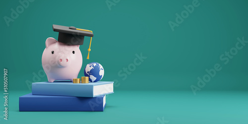 Investment education and scholarships concept design of piggy bank with graduation hat on book 3D render photo