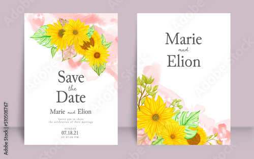 Hand drawn wedding invitation card set with watercolor sunflower