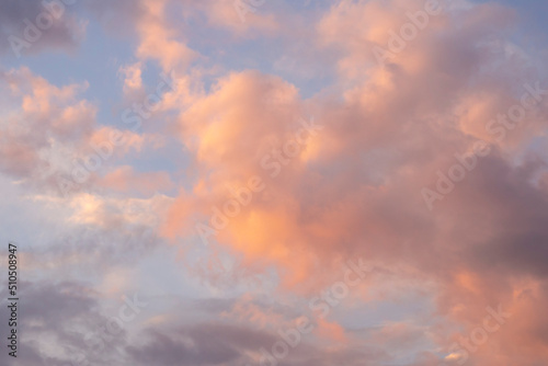 Pink fluffy clouds on blue sky  sunset. Beautiful evening landscape.