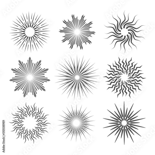 Hand drawn set of Sunburst, Star, firework explosion, logo, emblem, tag. Web banner. Vector Illustration. Bohemian symbol bursting sun rays. light rays in line art.
