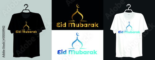 Eid al fitr or Eid al adha t-shirt design with editable mosque vector