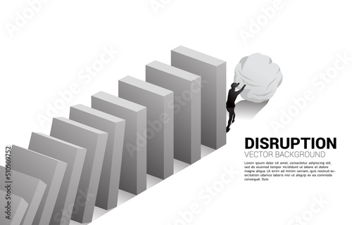 Silhouette of businessman pushing big rock at the end of domino collapse. Concept of business industry disrupt