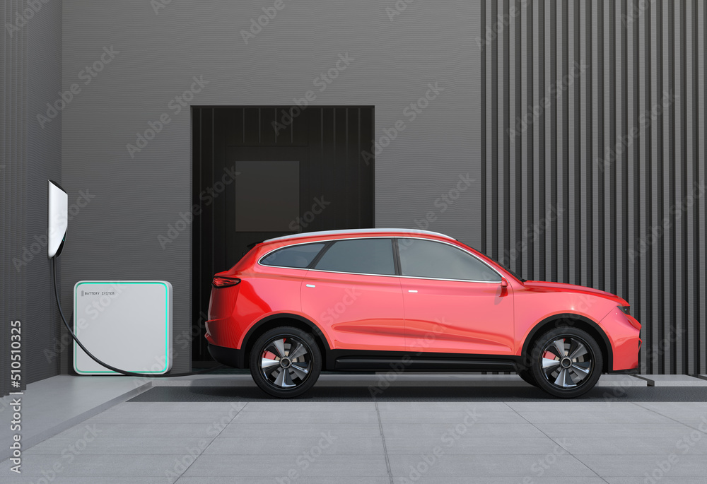 Side view of red electric SUV(Generic design) charing at home garage. 3D rendering image.