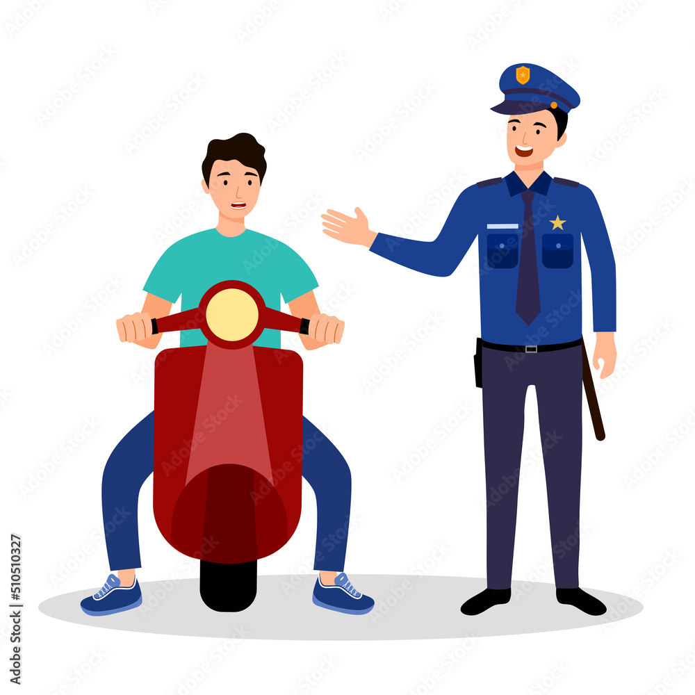 Police officer talking with motorbike driver in flat design on white background. Police officer talking with motorbike driver in flat design on white background.