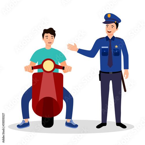 Police officer talking with motorbike driver in flat design on white background.