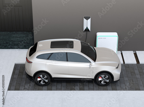Side view of white electric SUV charing at home garage. 3D rendering image.