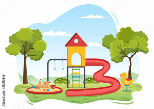 Children Playground with Swings, Slide, Climbing Ladders and More in the Amusement Park for Little Ones to Play in Flat Cartoon Illustration