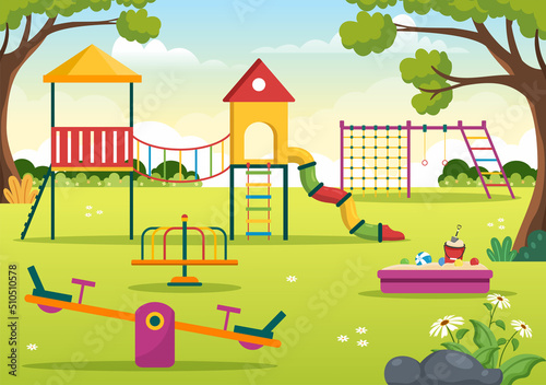 Fototapeta Naklejka Na Ścianę i Meble -  Children Playground with Swings, Slide, Climbing Ladders and More in the Amusement Park for Little Ones to Play in Flat Cartoon Illustration