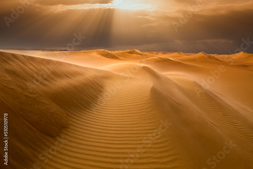 Stampa su tela Sunset over the sand dunes in the desert