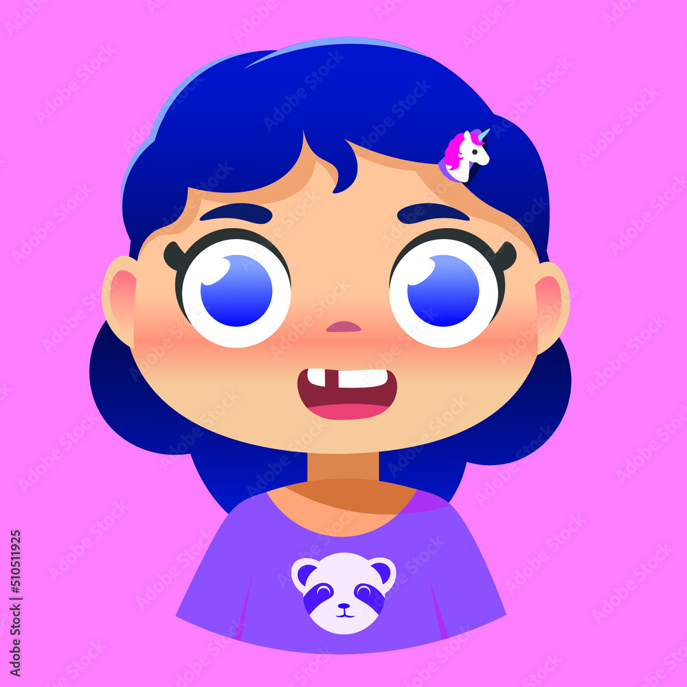 Obraz premium Cute little girl with a unicorn hair clip. Funny children's character for advertising and cartoons.