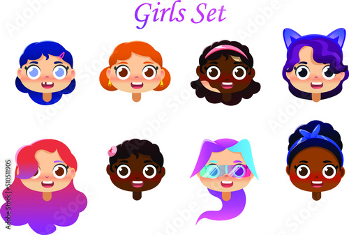 Vector cartoon set of different girls with different accessories 