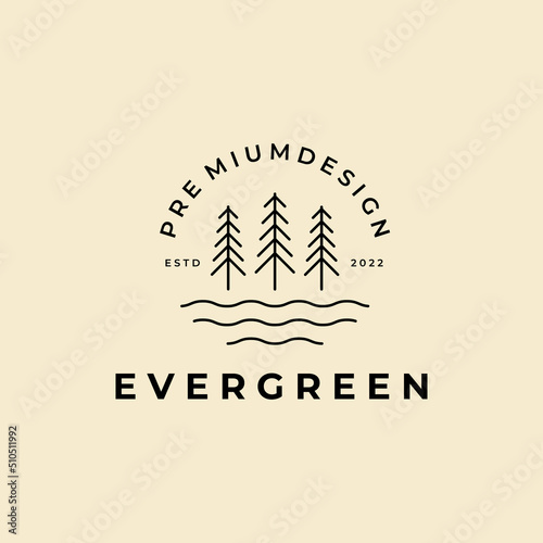 Evergreen Green pine Line Art Logo Design template