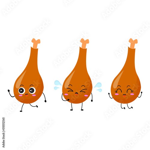 Vector illustration of 3 chicken thighs with various cute expression, set of chicken thigh isolated on white background, simple minimal style,  mascot collection, emoticon, adorable and cool face